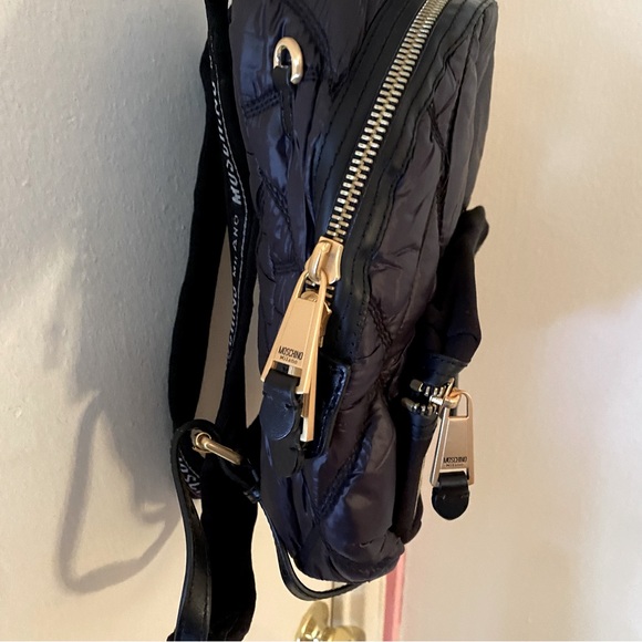 Moschino Small Black Quilted Backpack with Gold Tone Hardware, Zippers and Logo - Picture 2 of 6